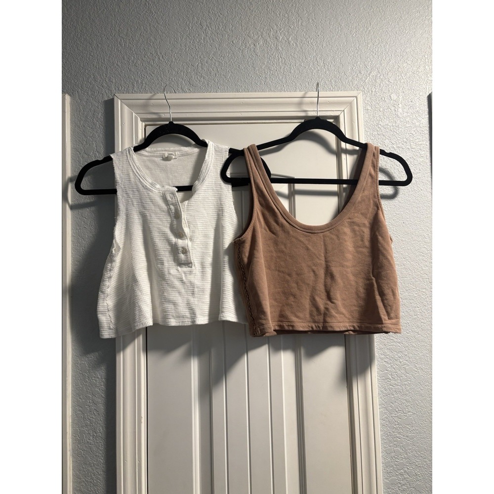 Aerie Tank Top Bundle Women S White Tan Waffle Knit Henley Scoop Neck Crop Tops